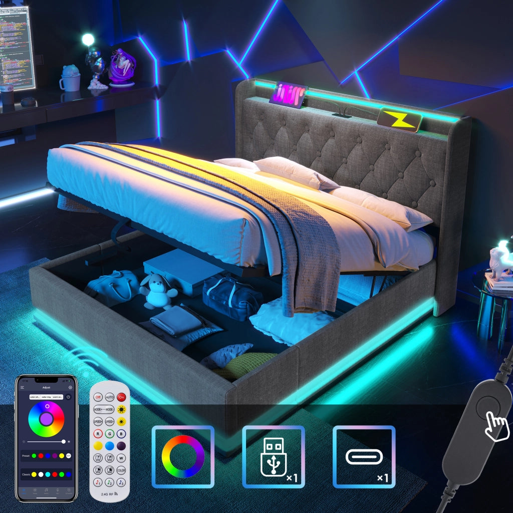 LETTO Contenitore 180x200 cm in lino grigio con LED, USB e Tipo C
