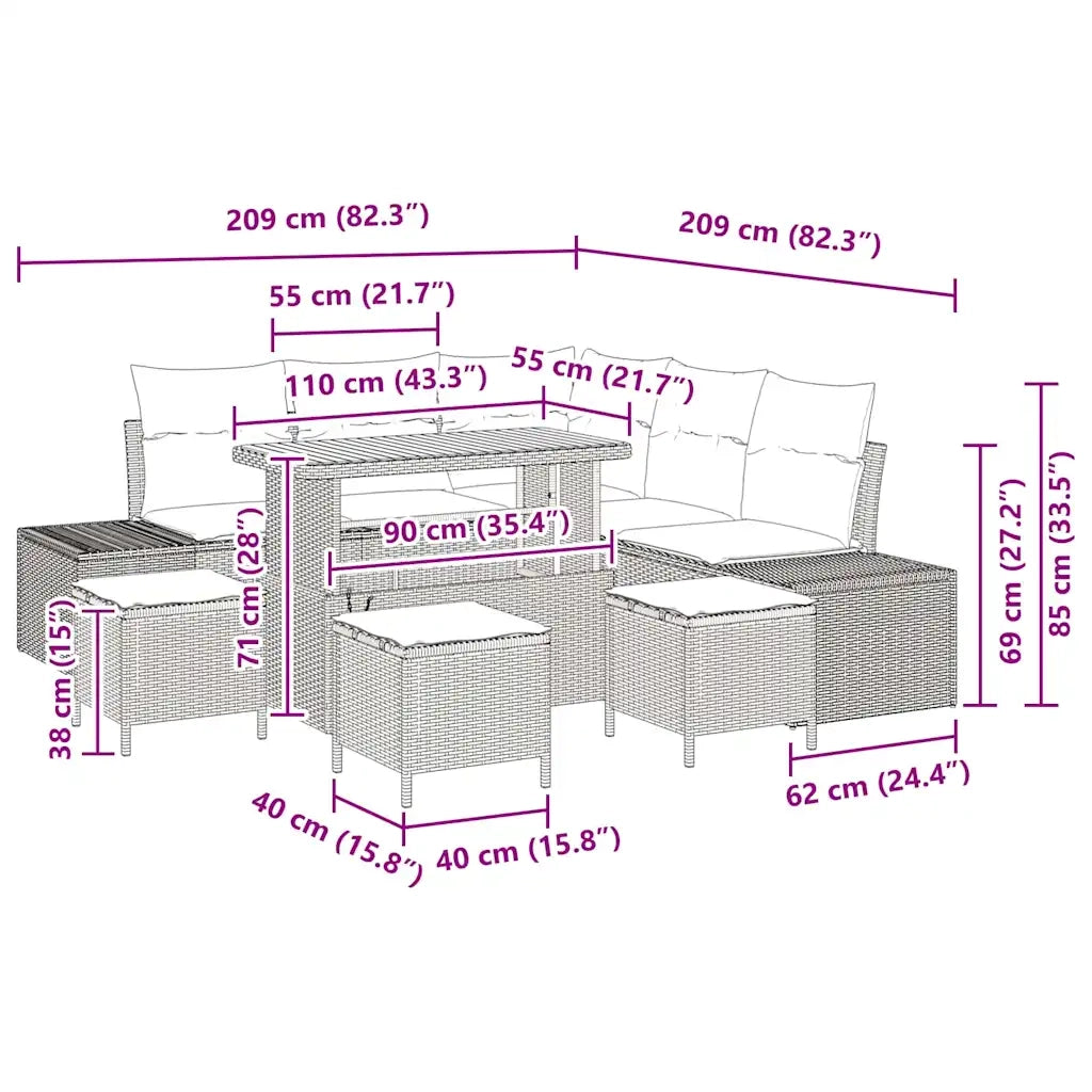 Set Divano da Giardino con cuscino 9 pcs Beige polyrattan 3362791