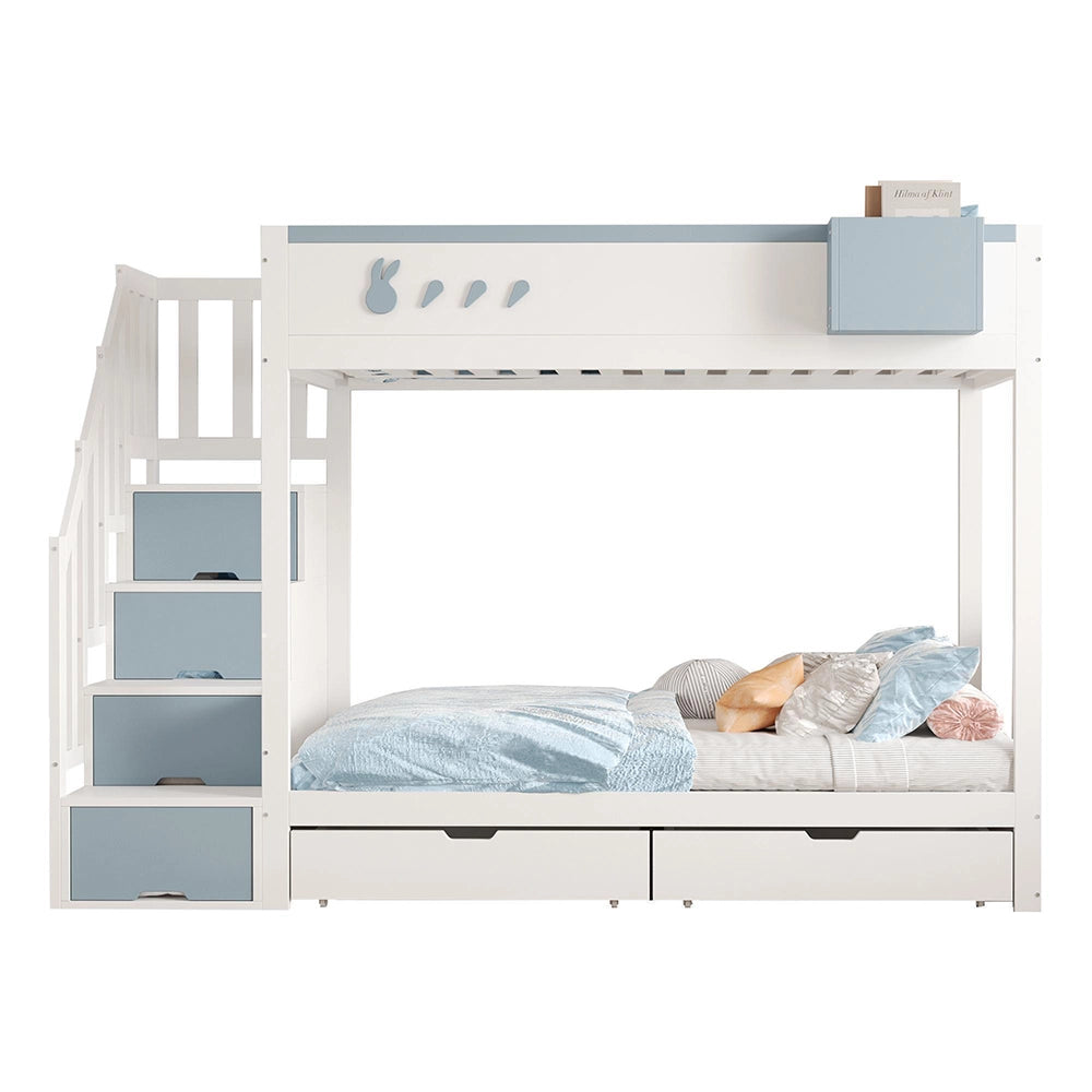 Letto a castello-Xylo-90x200cm, motivo conigli, cassetti, bianco+blu