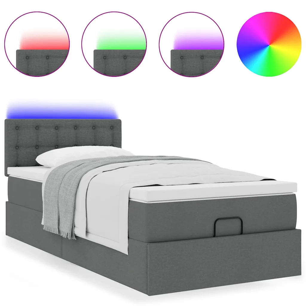 Pouf Letto con Materasso e LED Grigio Scuro 90x200 cm Tessuto