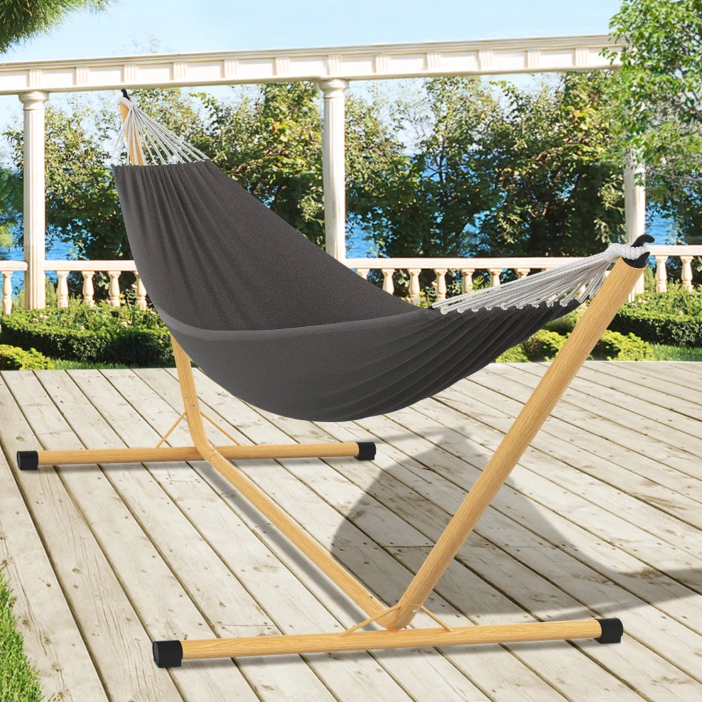 IDMarket - Amaca con supporto in metallo effetto legno e tela grigio antracite