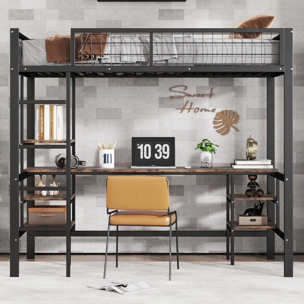Letto a soppalco 90 × 200 cm con scrivania e ripiani scala a 4 gradini in metallo nero e legno scuro