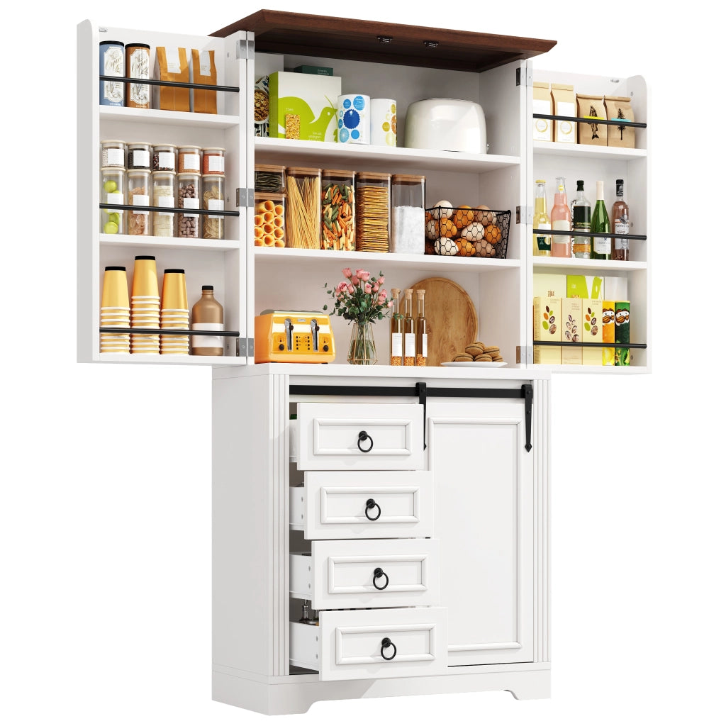 Colonna da cucina con 4 cassetti, ripiani regolabili e soft-close, mensola laterale, per cucina, bianco, 80 × 39,8 × 180 cm