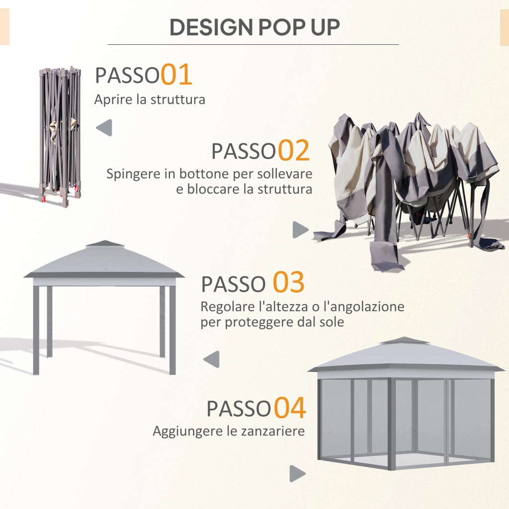 Gazebo Pieghevole Esterno con Zanzariere ¨C Xylo ¨C Grigio 3.3x3.3x2.8m