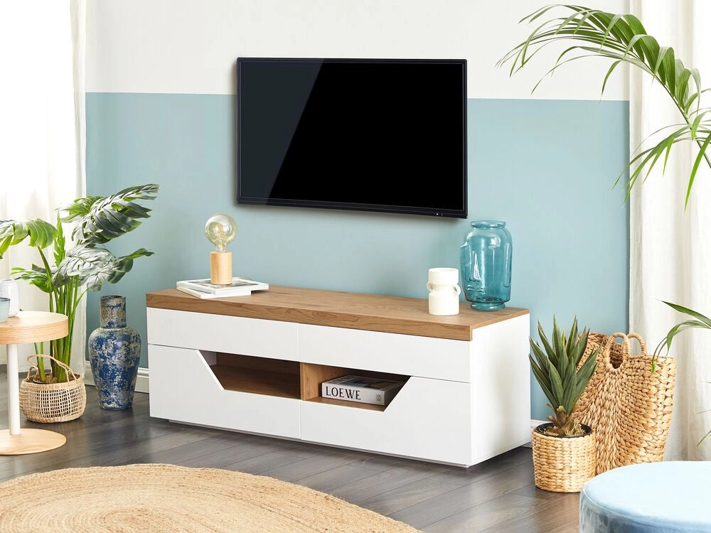 Mobiletto da TV marrone e bianco con 4 cassetti 2 ripiani e foro per cavi 140 x 40 cm