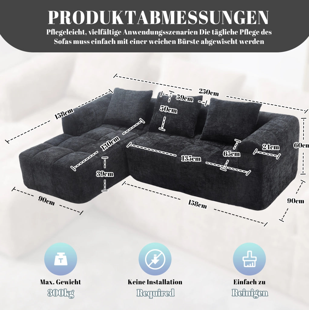 Divano componibile con chaise longue; 250x158x60 cm; chenille nero