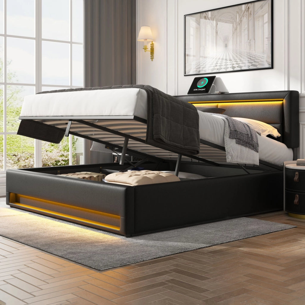 LETTO Imbottito 140x200 cm PU Nero con USB, LED e contenitore