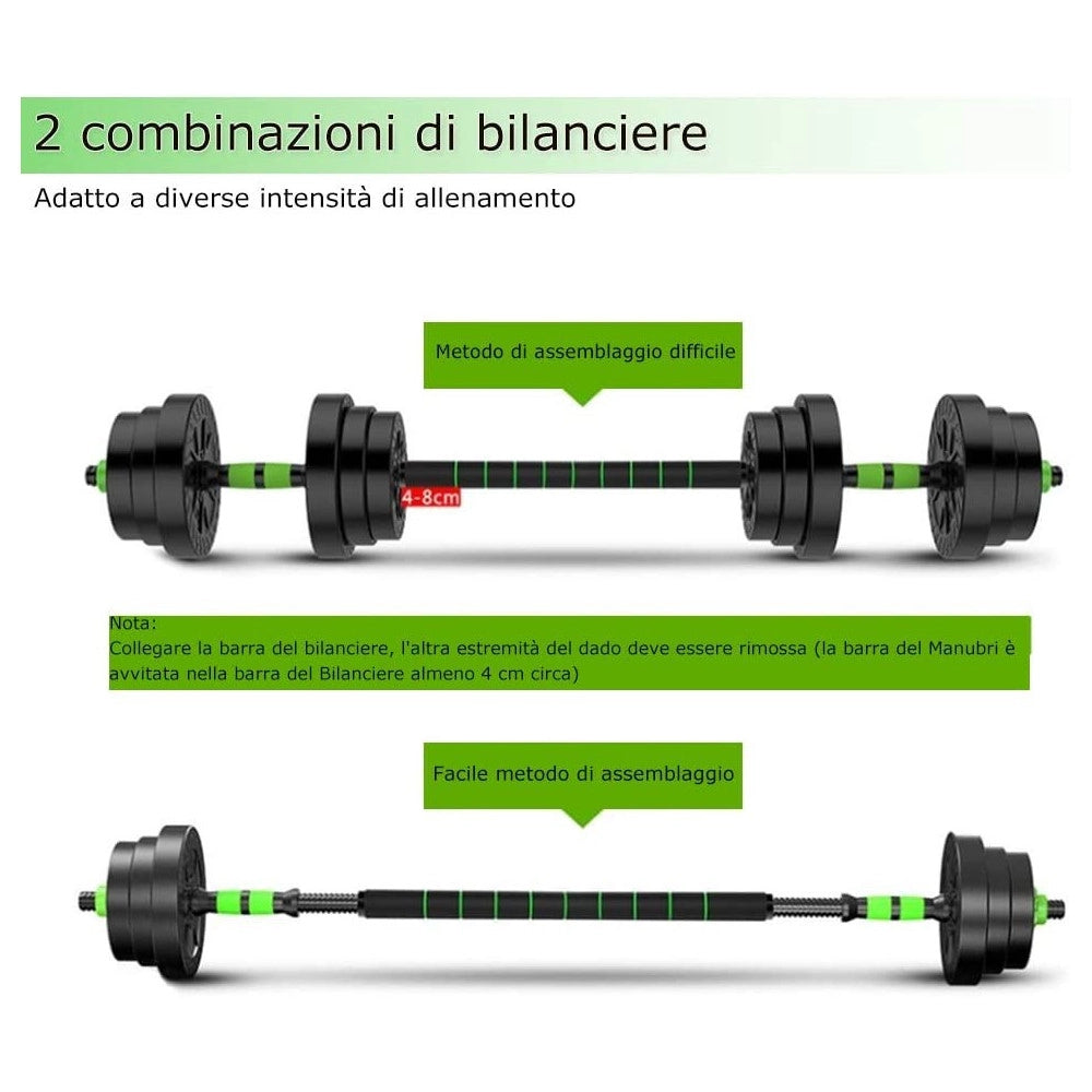 Trade Shop - Kit 2in1 Bilanciere + Manubri Con Pesi Regolabili Componibili Palestra Tot 10 Kg -