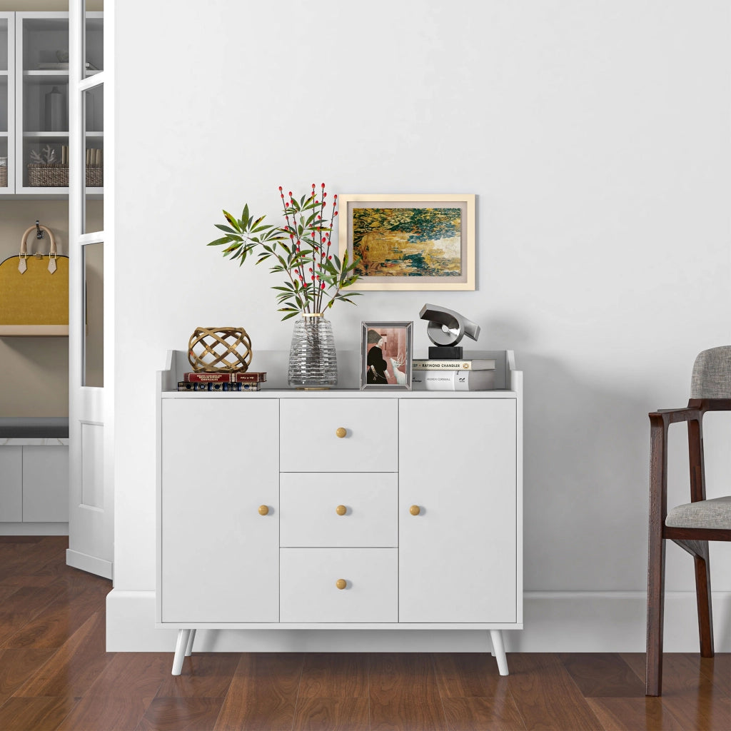 Credenza Moderna con 2 Ante e 3 Cassetti ¨C Minimal ¨C Bianco Legno Pino 90x32x80