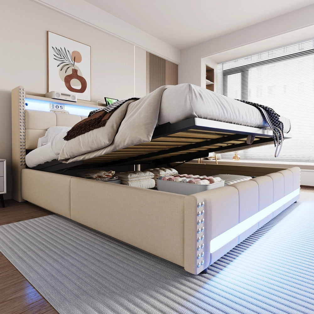 Letto matrimoniale - Xylo - 180x200 cm LED lino beige