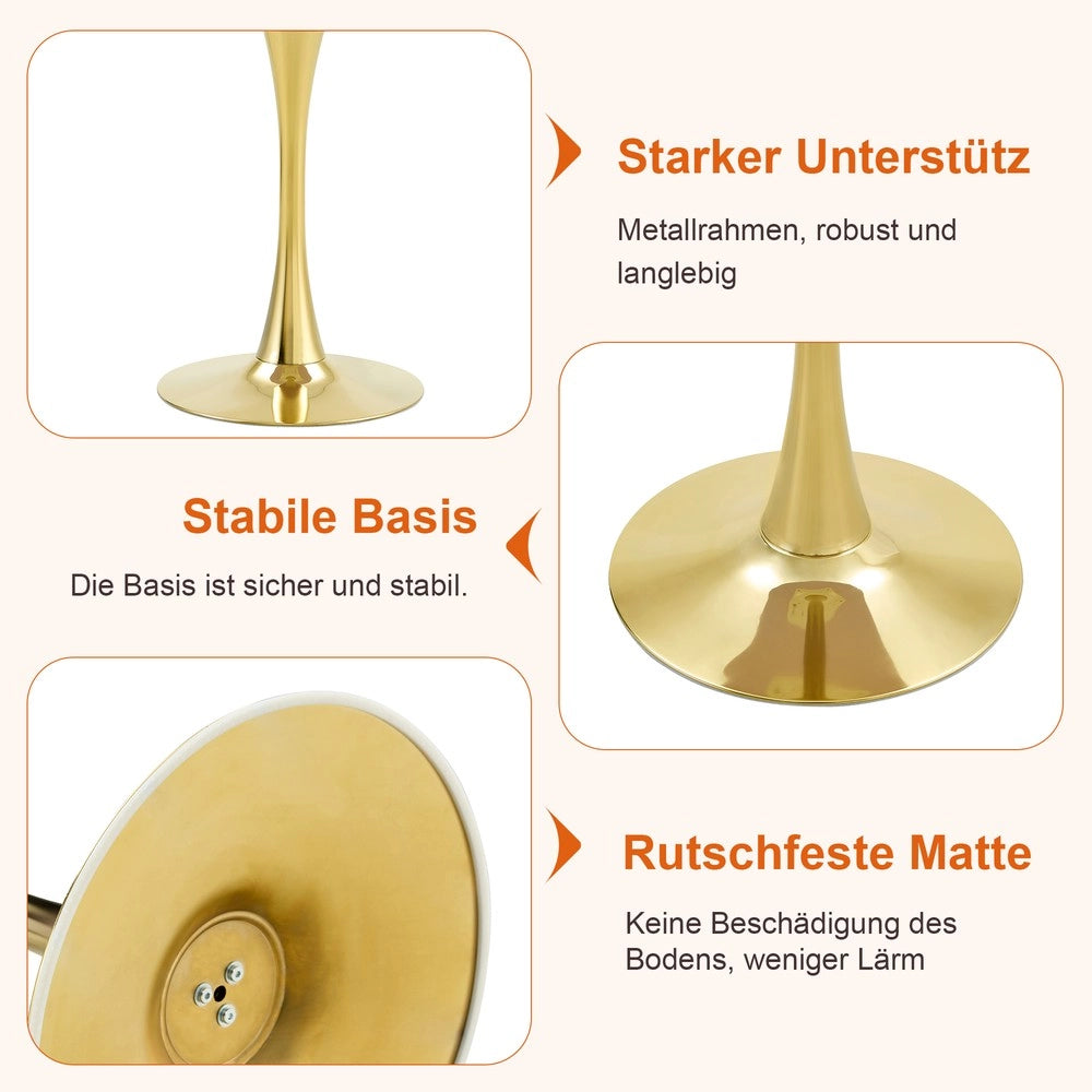 Set Tavolo Rotondo e 2 Sedie da Pranzo ¨C Xylo ¨C Piano MDF Effetto Legno, Gambe Oro, Tessuto Grigio Chiaro