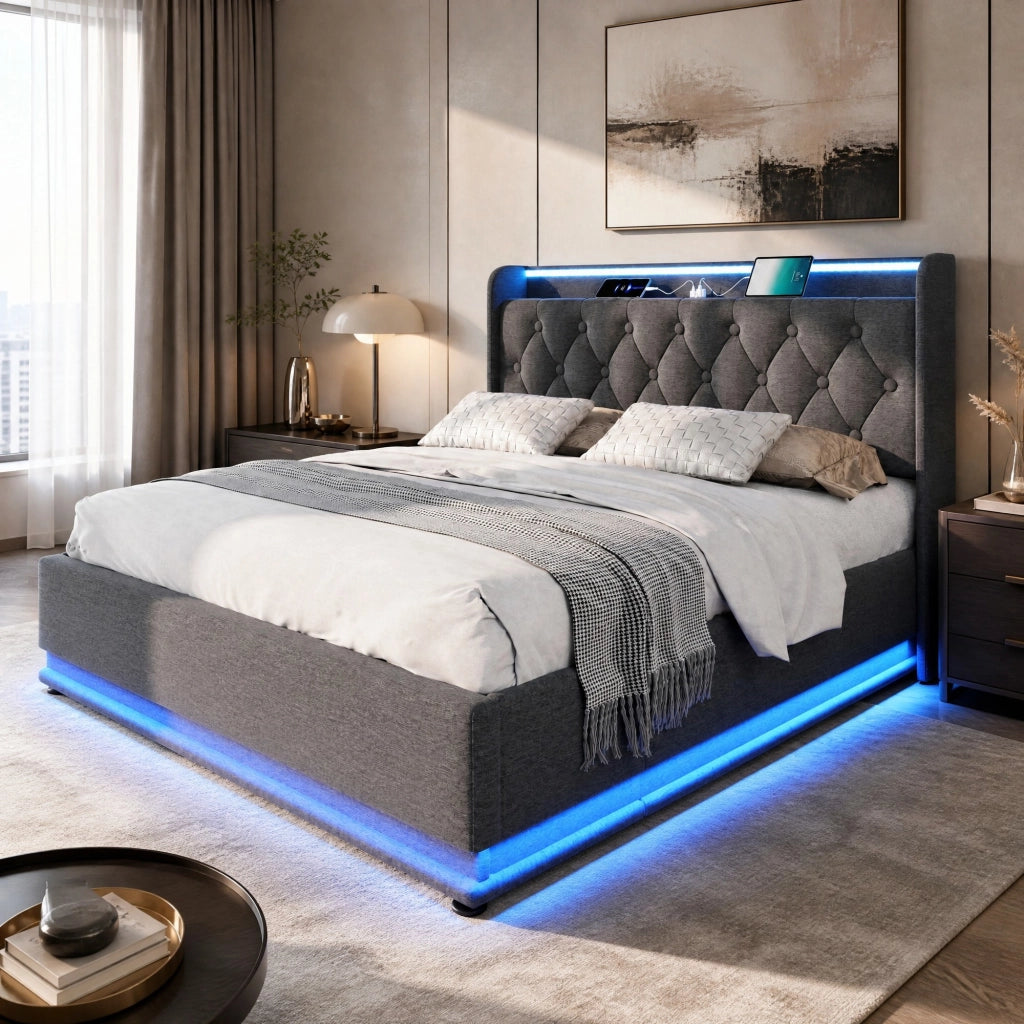 LETTO Contenitore 180x200 cm in lino grigio con LED, USB e Tipo C