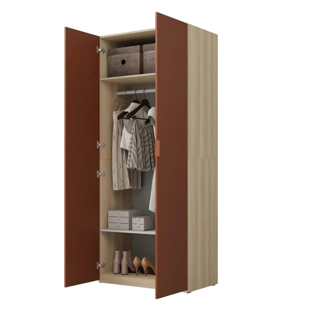 Armadio CALMIA terracotta e quercia chiara 90 cm con appendiabiti e scaffali