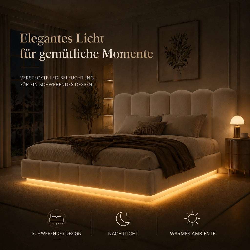 LETTO Contenitore 180x200 cm Bouclé Bianco con rete a doghe e LED