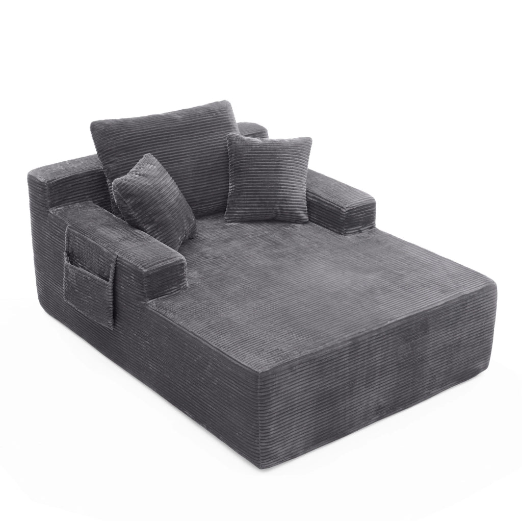 Divano compatto in corduroy con tasche laterali e cuscini; grigio scuro