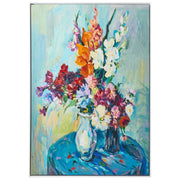 Quadro decorativo su tela blu con vaso di fiori, realizzato a mano con materiali sintetici e cornice in legno di pino, per il soggiorno