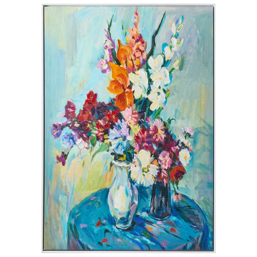 Quadro decorativo su tela blu con vaso di fiori, realizzato a mano con materiali sintetici e cornice in legno di pino, per il soggiorno