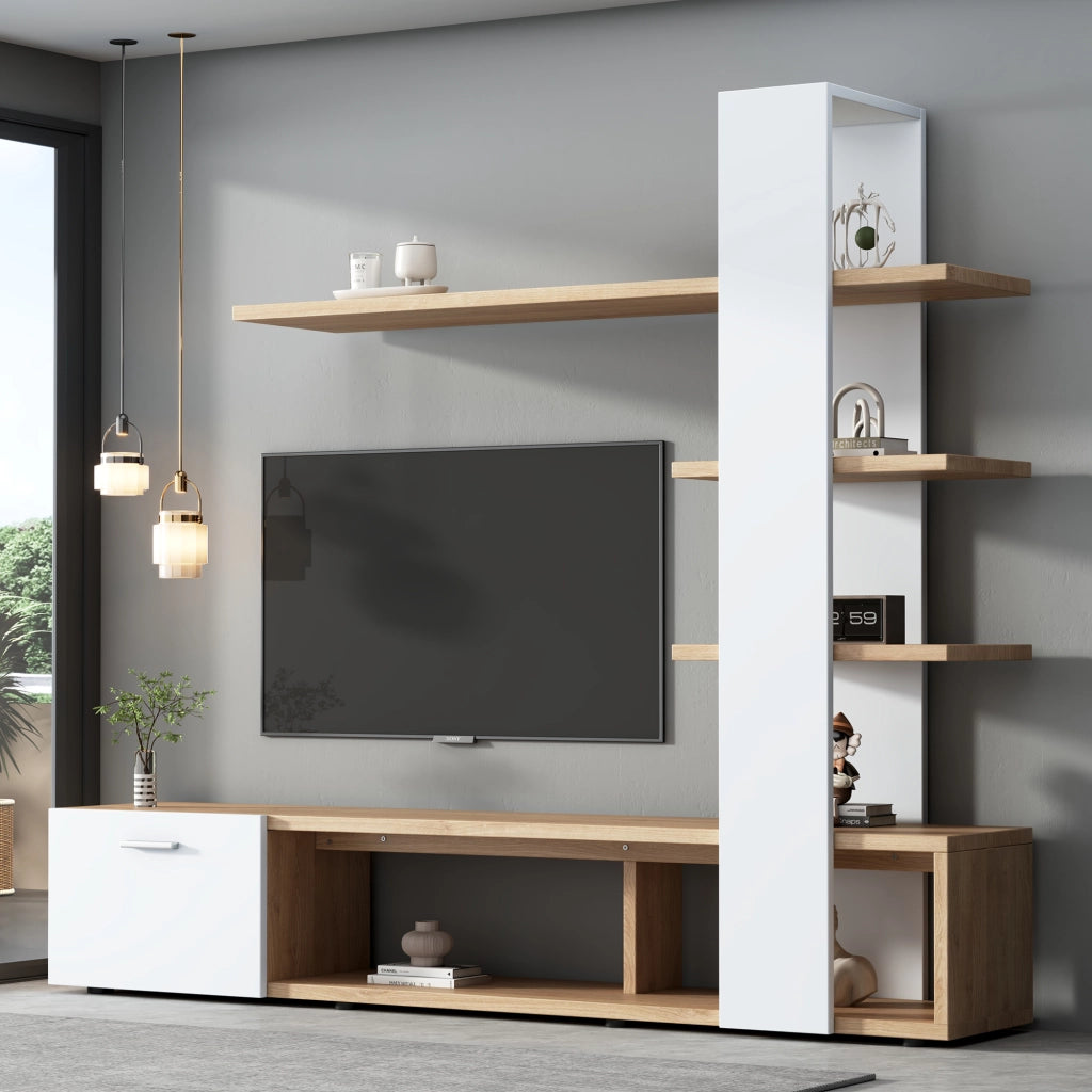 Cassettiera per TV bianca e legno; truciolato; lunghezza 180 cm