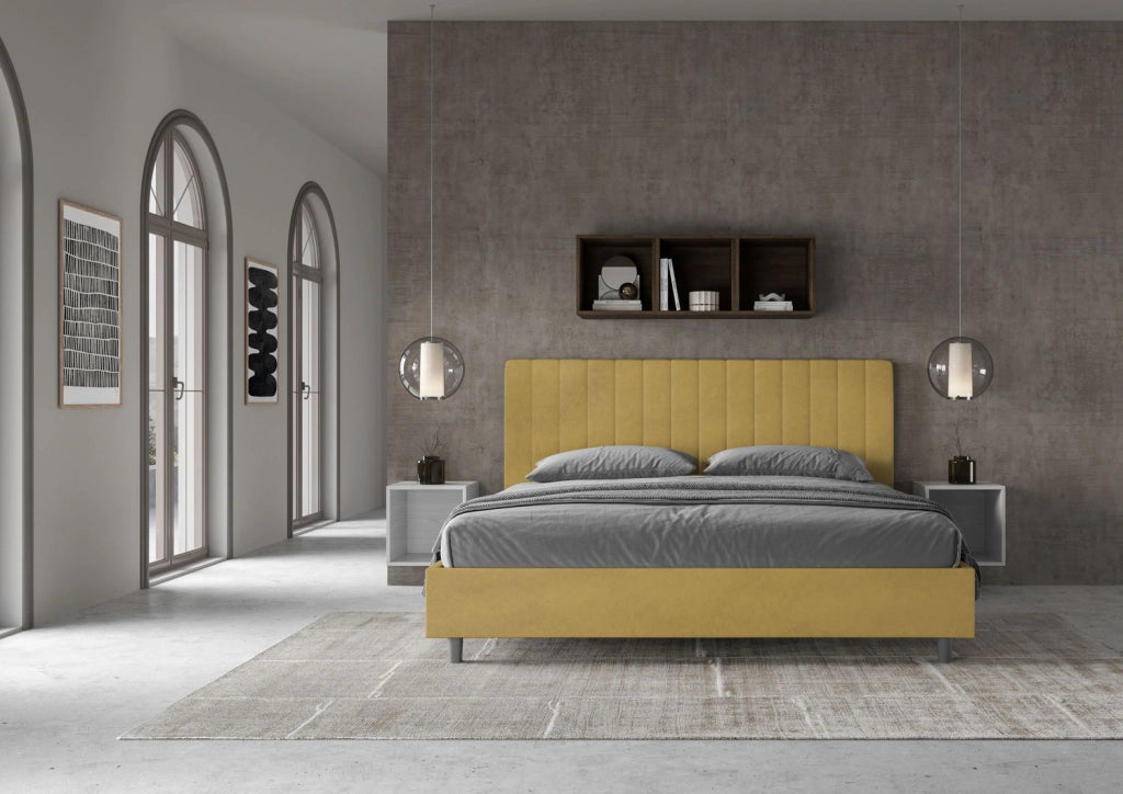 BS COM Letto matrimoniale king size con rete imbottito 180x210 microfibra ocra