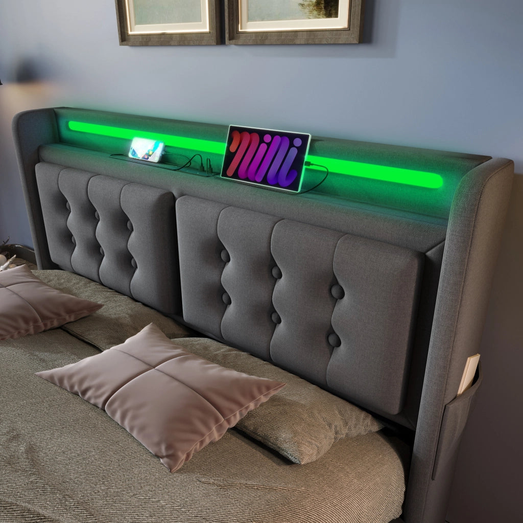 Letto imbottito 140x200 con LED, prese USB e vano contenitore