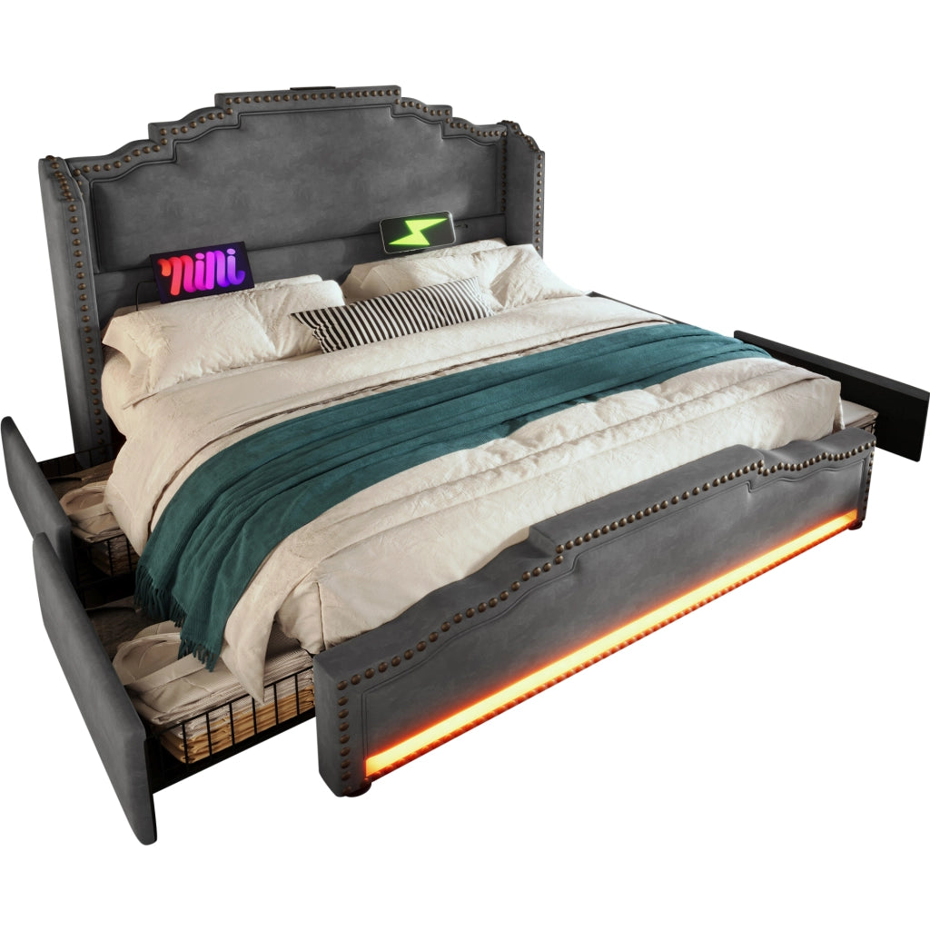 Letto imbottito 160x200 - Zephmum - 4 cassetti, LED, USB-C, velluto grigio