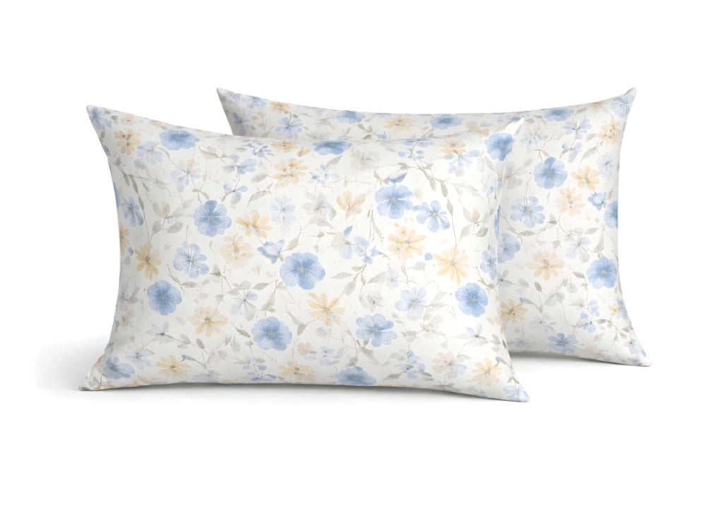 Coppia Federe Cuscino Letto Double Face 100% Cotone Disegno Primavera GI - Federe - Azzurro