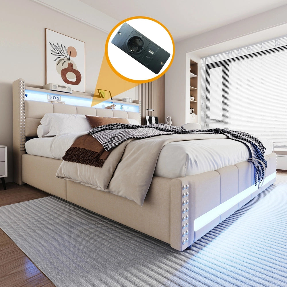 Letto matrimoniale - Xylo - 180x200 cm LED lino beige