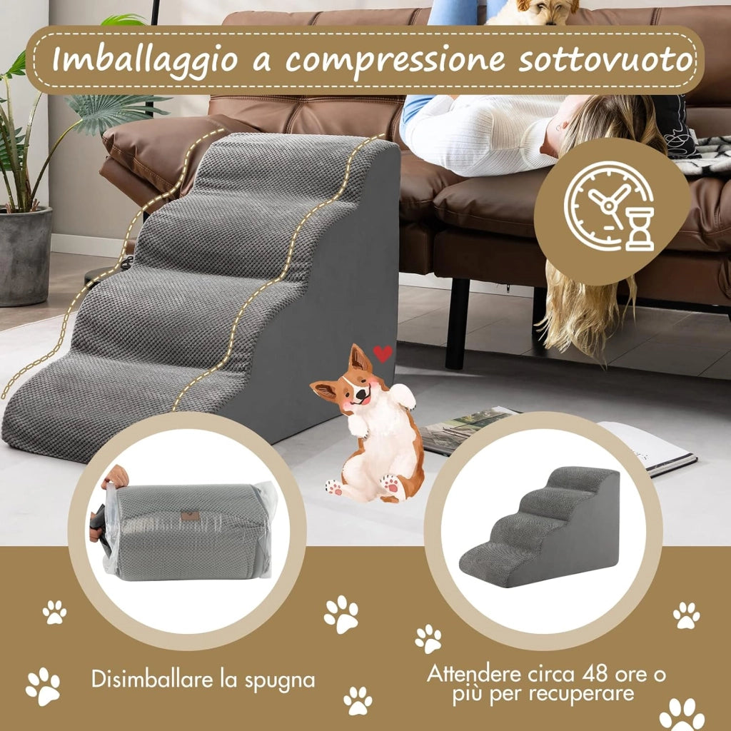 Rampa per Cani con 4 Scalini in Schiuma
Scala per Animali con Copertura Lavabile con Cerniera, Ideale per Animali Piccoli, Anziani e Feriti, 41x72x51cm, Portata 30kg