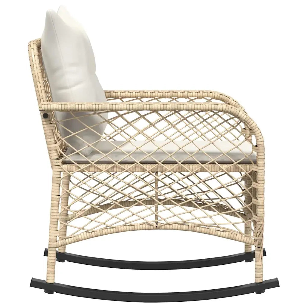 Sedia a Dondolo da Giardino | Sedie da Esterno con Cuscini in Polyrattan Beige