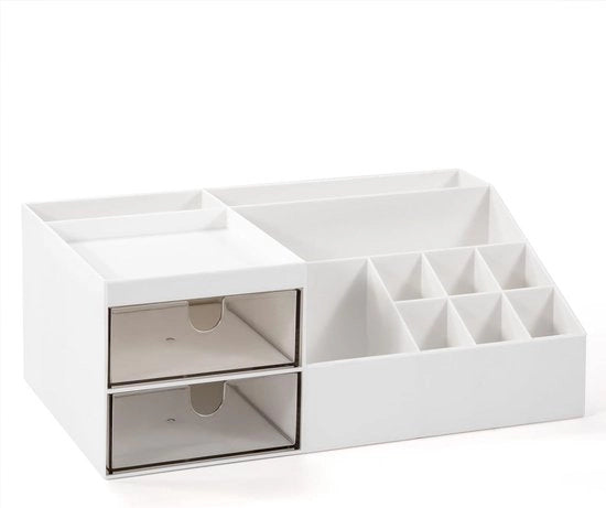 Organizzatore di trucchi con slot e contenitori - scatola di conservazione per cosmetici bianca per scrivania o comodino