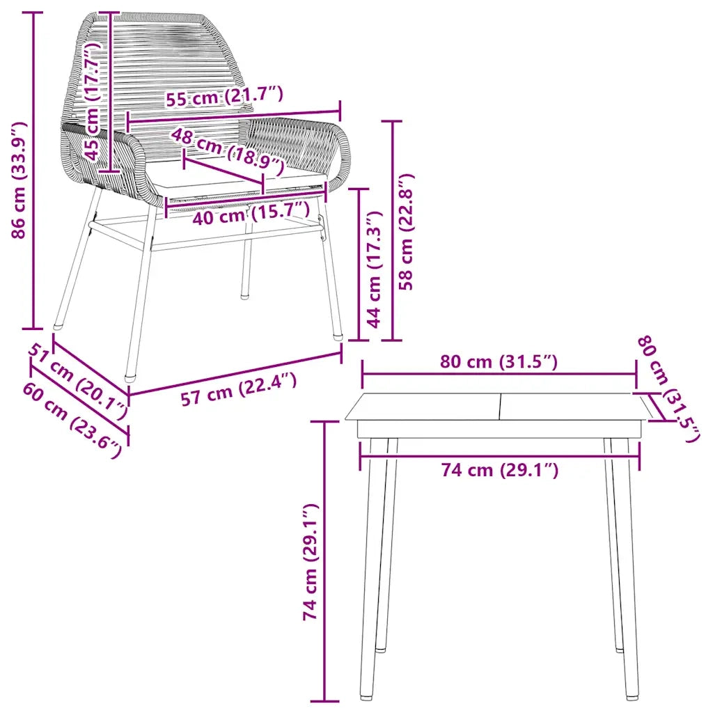 Set da Pranzo da Giardino 3 pz | Set Salotto da Giardino con Cuscini in Polyrattan Vetro