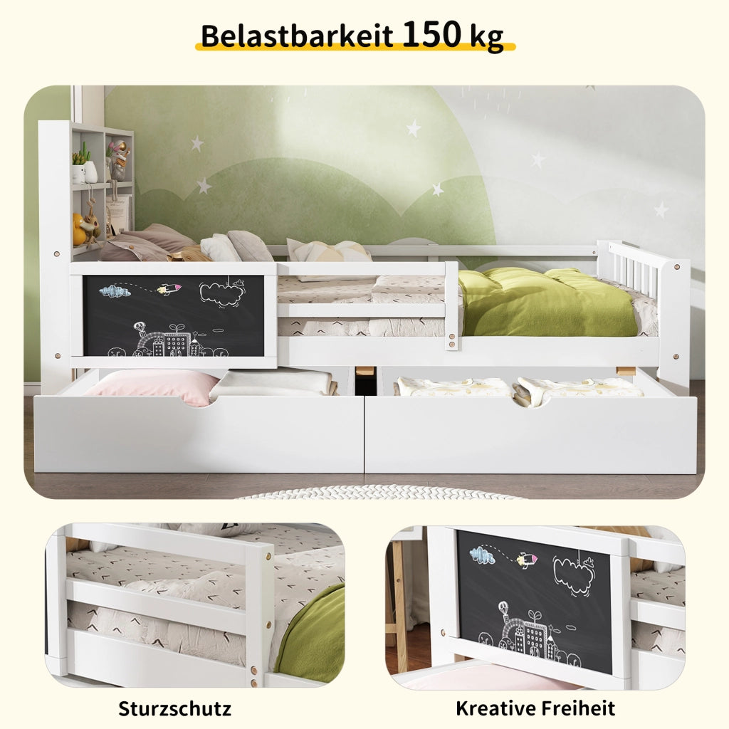 LETTO per bambini 90x200 cm bianco con lavagna, 2 cassetti e sponda di sicurezza