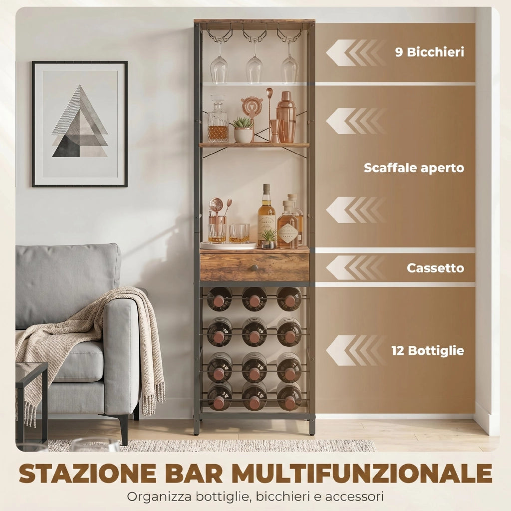 Mobile Bar con Cassetto e Portabicchieri ¨C Xylo ¨C Legno Marrone Rustico