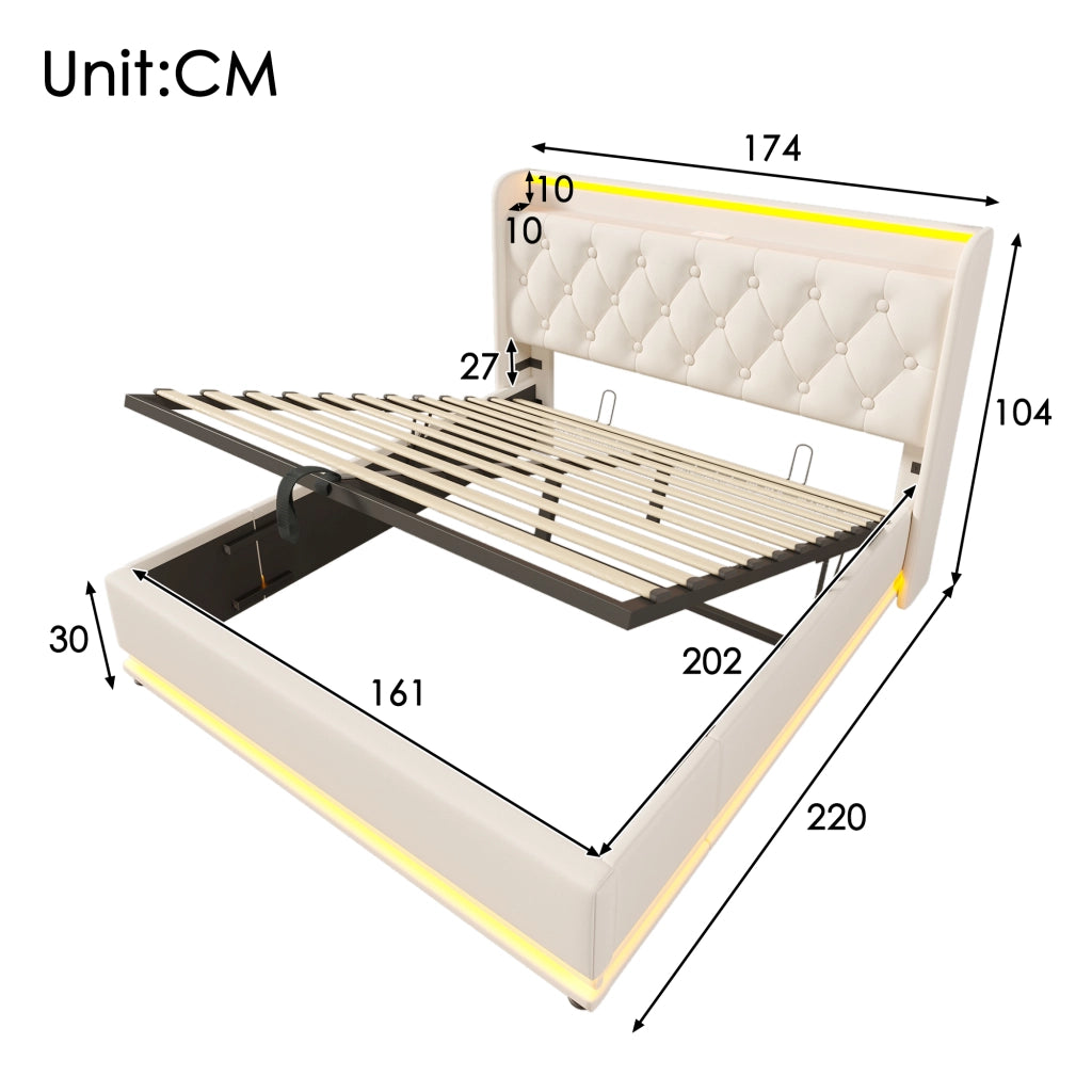 LETTO Contenitore 160x200 cm in PU Bianco con LED e USB Type-C