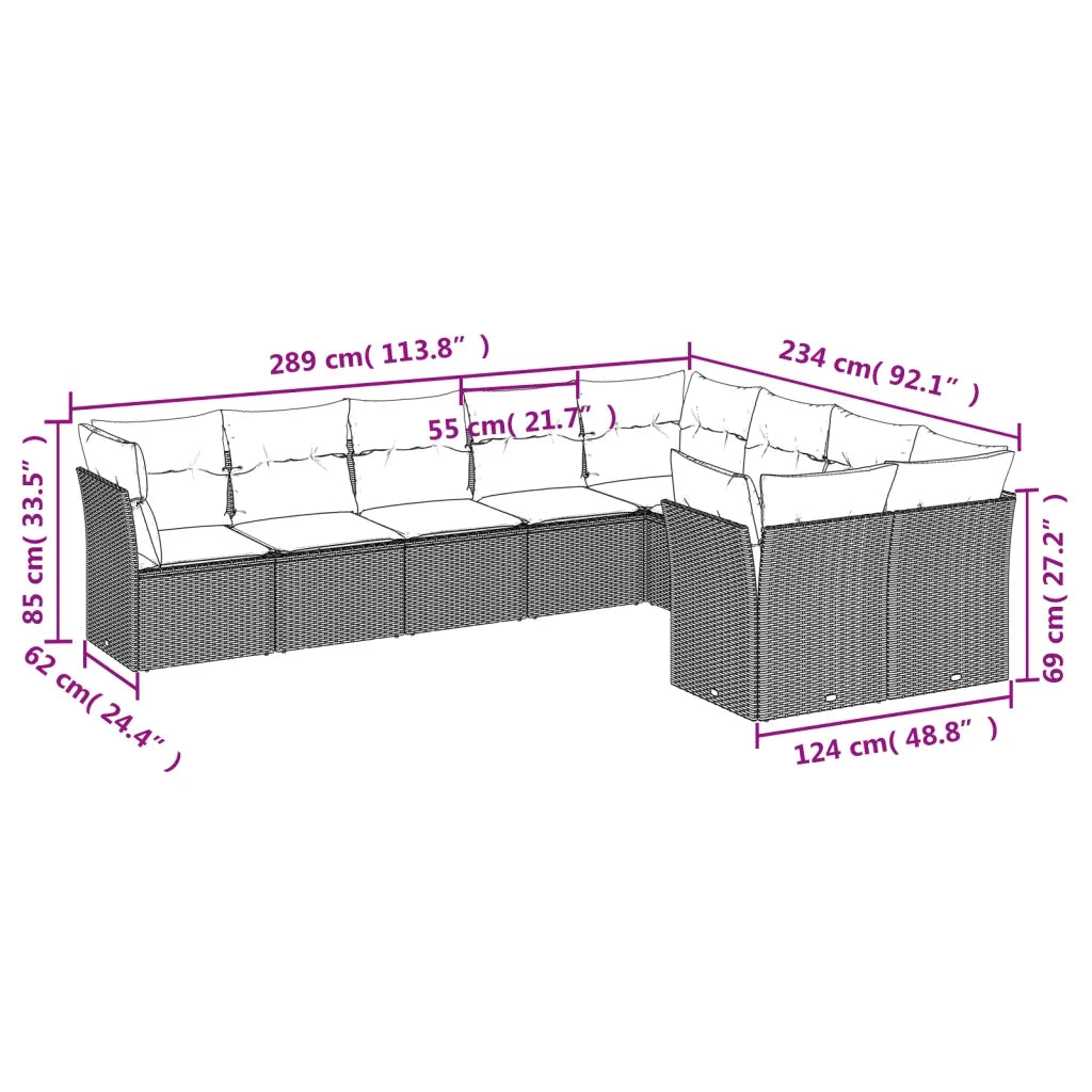 Set Divani da Giardino 10pz con Cuscini in Polyrattan Nero