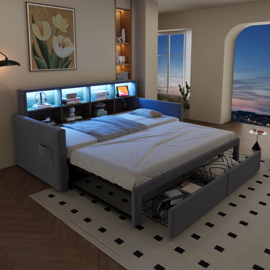 Letto imbottito in velluto grigio chiaro con illuminazione a LED e porta USB 90x190 cm