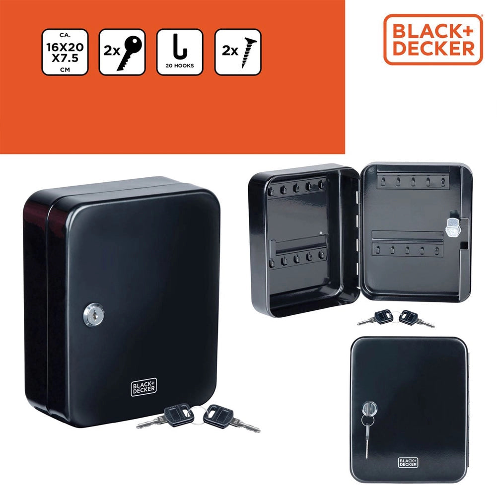 Cassetta Portachiavi Nera da Muro Serratura e Doppia Chiave 20 Ganci Ingresso Black & Decker