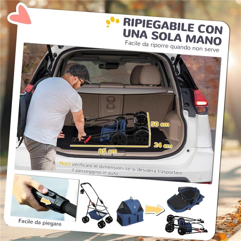 PASSEGGINO PER CANI 3 IN 1 PIEGHEVOLE CON BORSA TRASPORTINO E CESTINO INFERIORE BLU