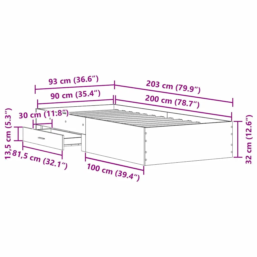 Letto singolo | Letto per adulti | Struttura del letto con cassetto Rovere artigianale 90 x 200 cm