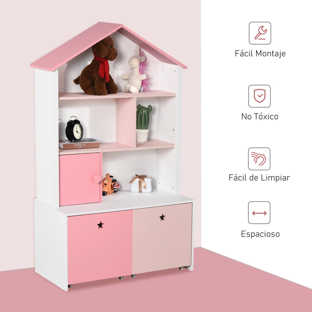 Libreria per Bambini con 4 Ripiani, 1 Anta e 2 Cassetti ¨C Minimal ¨C 80x34x130 cm Rosa e Bianco