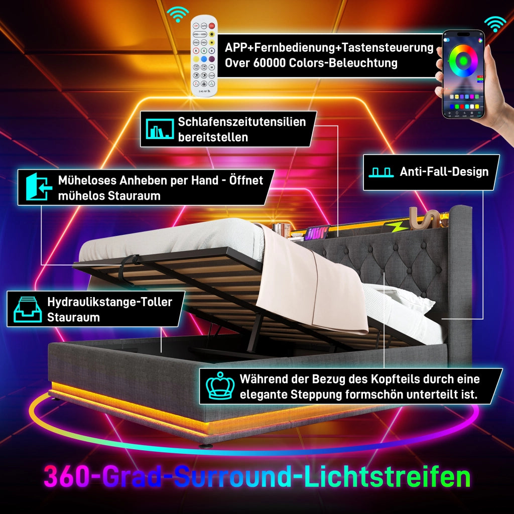 LETTO Contenitore 180x200 cm in lino grigio con LED, USB e Tipo C
