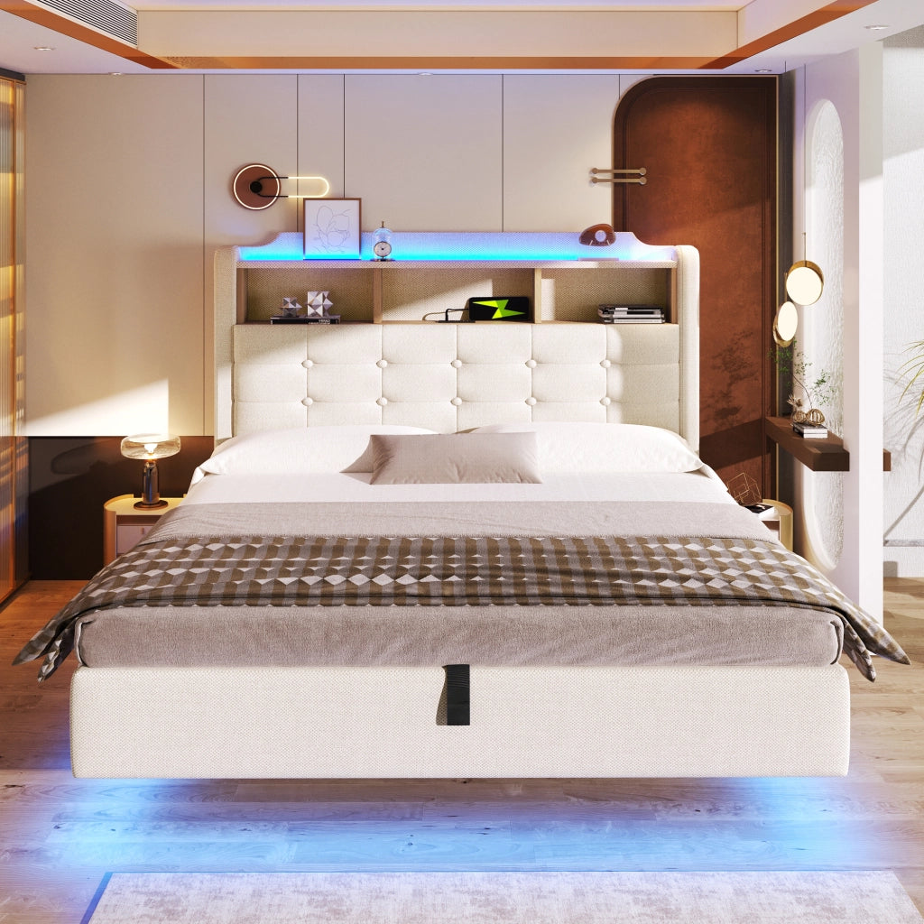 Letto imbottito 140x200 cm con LED, vano contenitore idraulico, USB e Type-C, beige