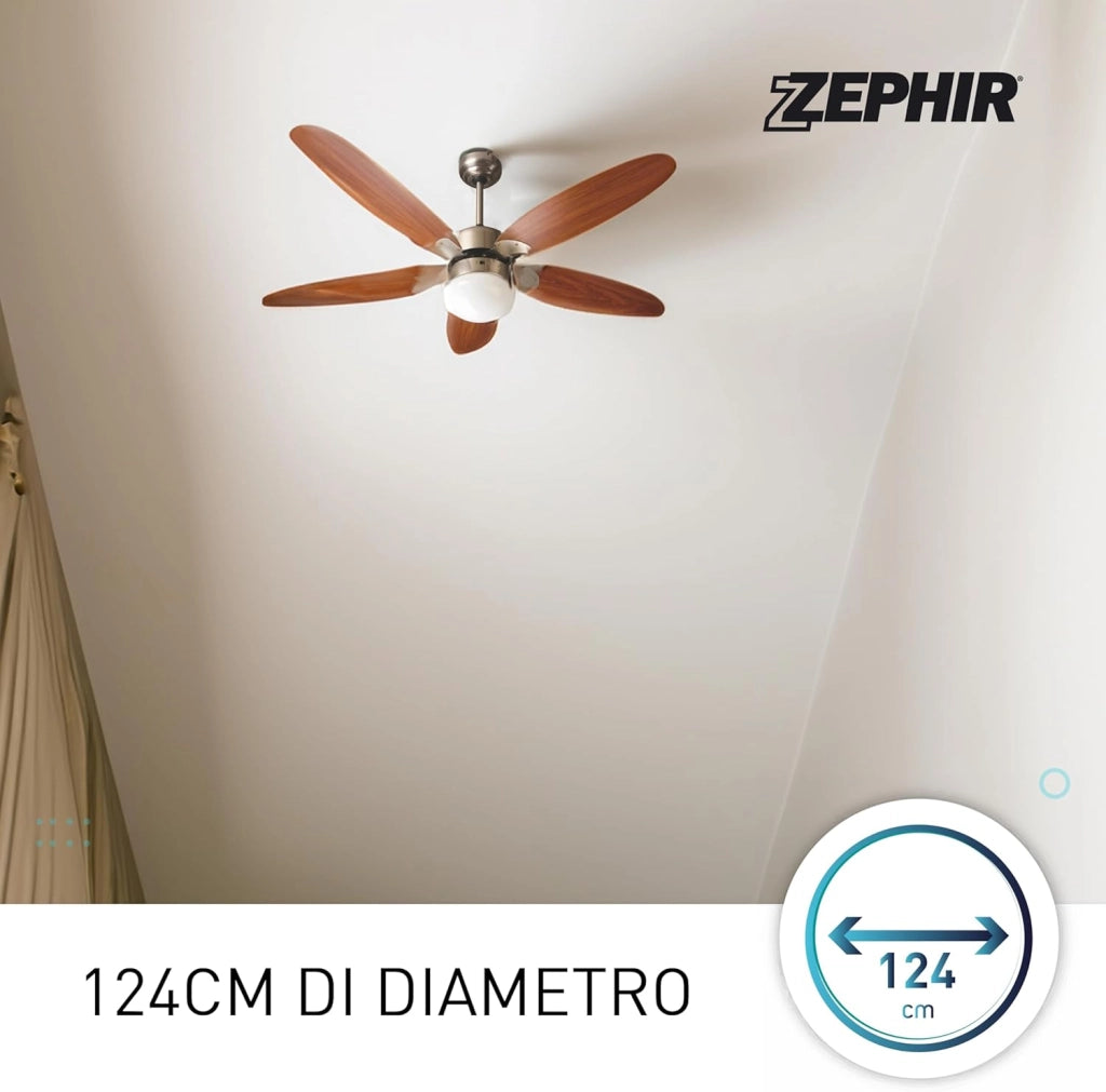ZEPHIR Ventilatore da Soffitto con Telecomando e Luce E27 130 cm 5 Pale in Legno Marrone Reversibile con Timer 1-8h 3 Velocità 70W