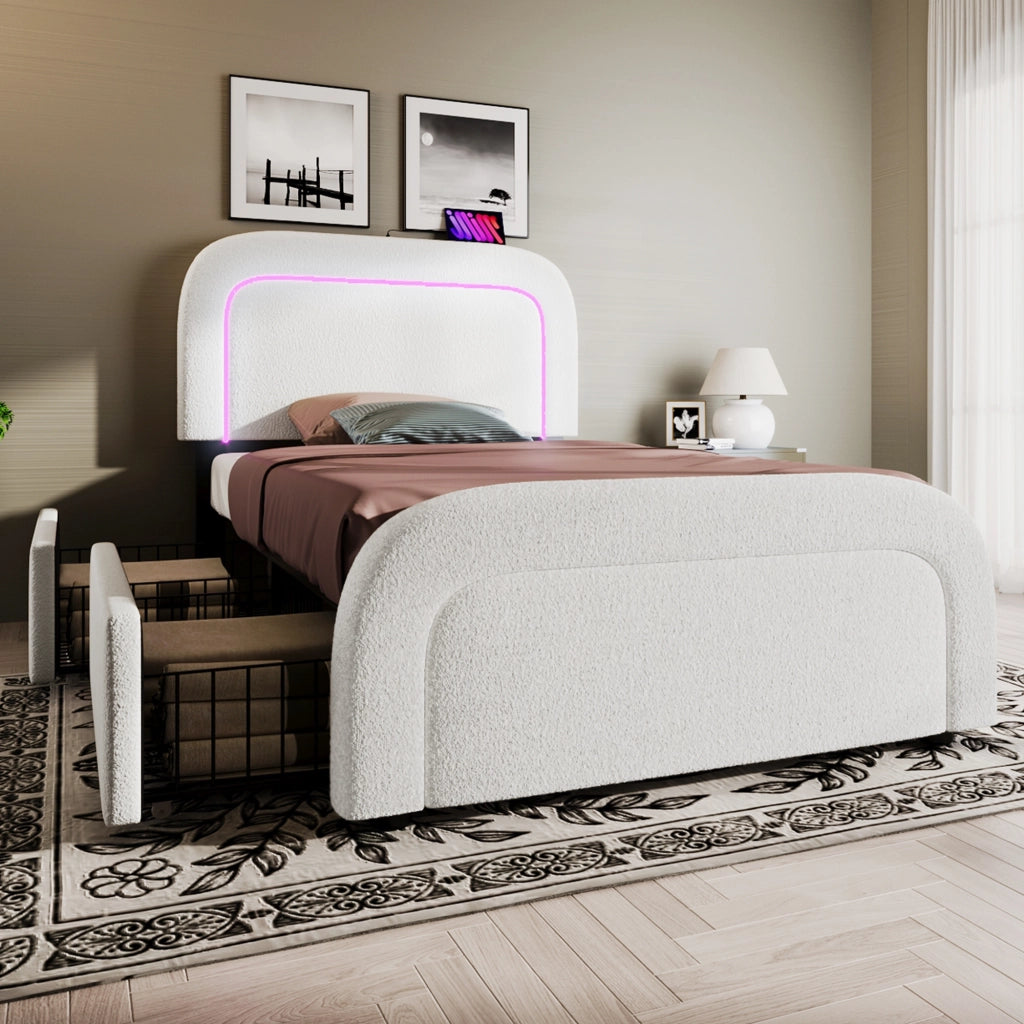 LETTO Singolo 90x200 cm Sherpa Bianco con USB Type-C, LED e 2 cassetti