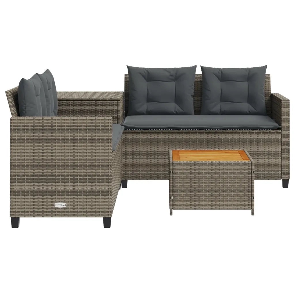 Divano da Giardino con Tavolo e Cuscini a L Grigio Polyrattan 369037