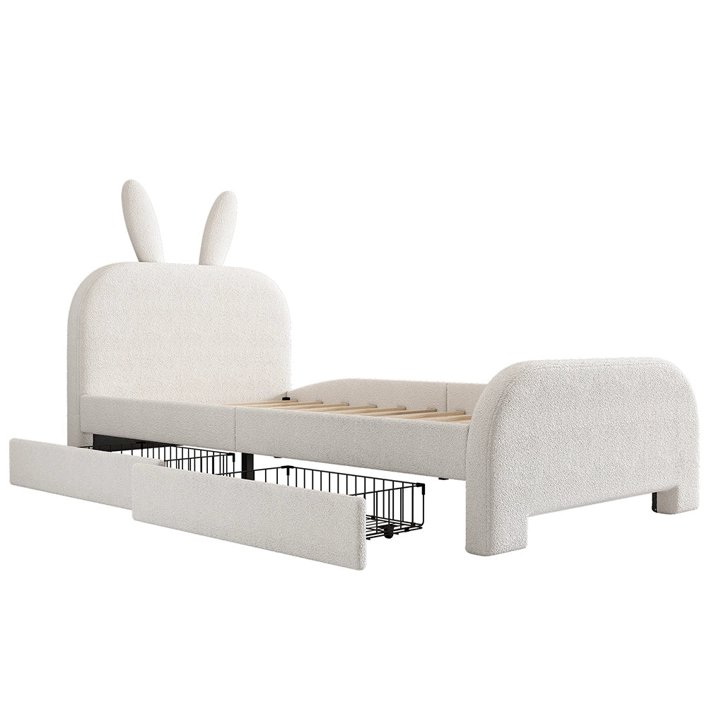 Letto per bambini con cassetto - Xylo - 90x200 cm - Bianco - Lana di pecora resistente forma coniglio cartoon