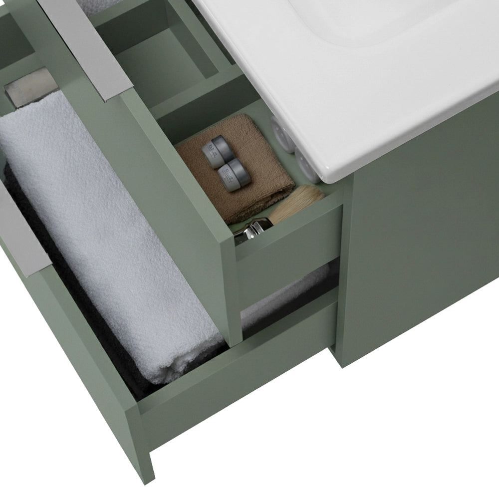 Mobile bagno sospeso 100cm verde opaco con cassetti lavabo e specchio Elva