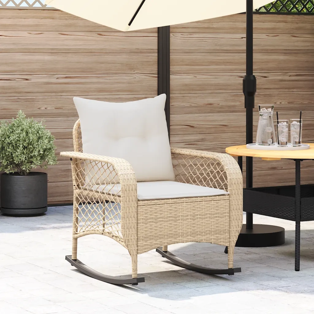 Sedia a Dondolo da Giardino | Sedie da Esterno con Cuscini in Polyrattan Beige