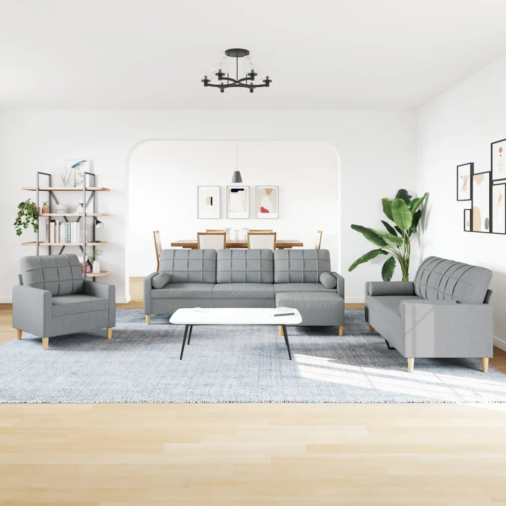 Set Divani 4 pz con Poggiapiedi e Cuscini Grigio Chiaro Tessuto