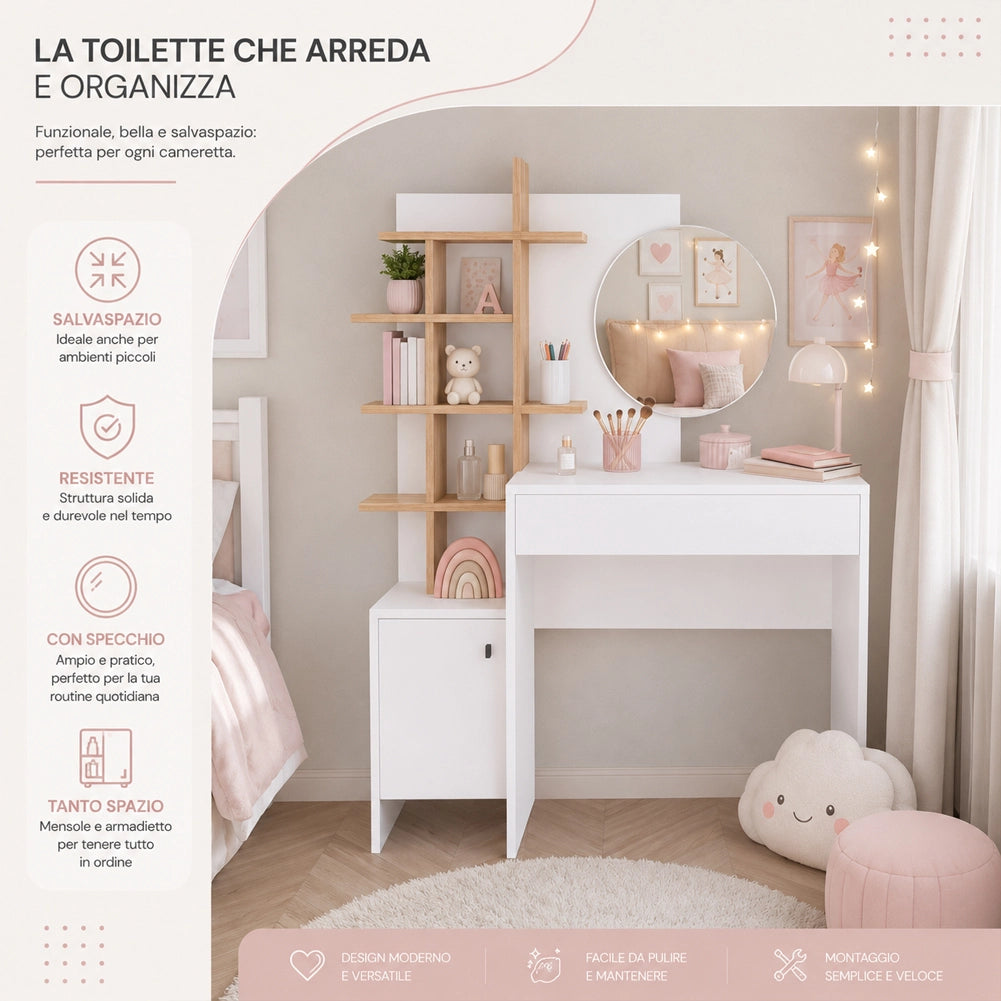 Postazione Make Up con Specchio Rotondo Bianco e Mensole Quercia 105x35x151 cm